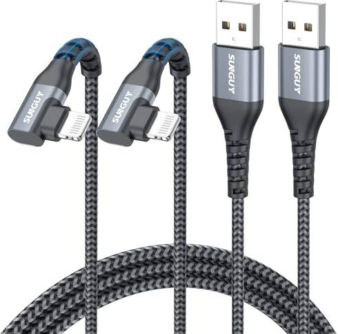 SUNGUY Cable USB-A a light-ning en ángulo recto [certificado MFi] Cable de carga corto de 90 Grados con trenzado de nailon compatible con iPhone 14/13/12/11Series X SE iPad9/mini [Gris 1.5m 2Piezas]