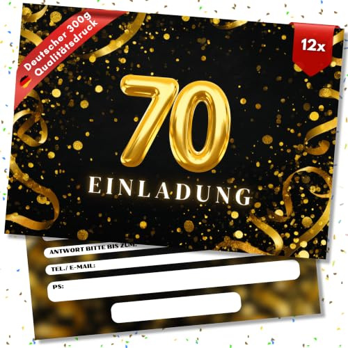 HIDEBLOOM - Einladungskarten 70. Geburtstag - 12 Stück - DIN A6 (10,5 cm x 14,8 cm) - Geburstagseinladung zum 70. Geburtstag - Einladungskarte für Jubiläum, Feier & Party