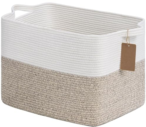 TIMEYARD 50L Aufbewahrungskorb Geflochten Baumwollseil Braun Weiß | Großer Korb für Wäsche, Decken und Spielzeug. Ideal für Familien, Kinderzimmer und Wohnzimmer