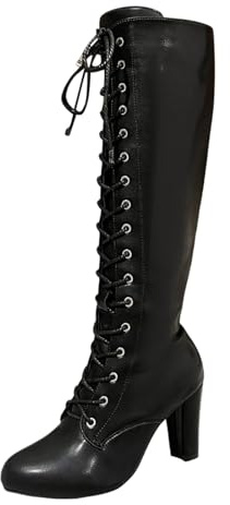 Botas altas hasta la rodilla, modernas, de cuero sólido, con cordones, cremallera lateral, cómodas botas de tacón medio para otoño e invierno, Negro , 43 EU