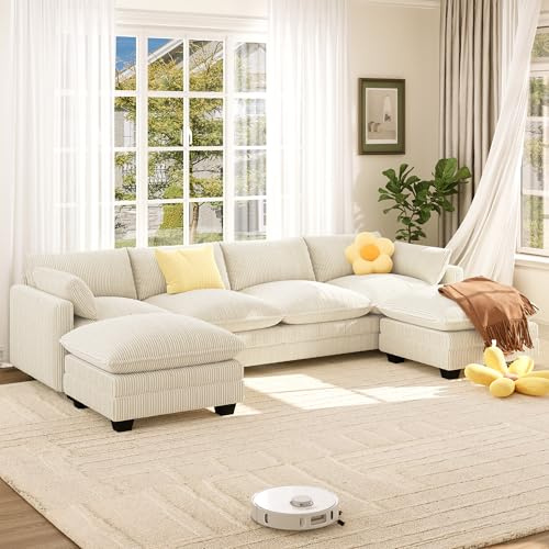 Xbro Große Wohnlandschaft U Form mit 2 Ottomanen, Modulares 4-Sitzer Cloud Sofa aus Cord Stoff mit Abnehmbaren Bezügen, Couch mit Hochdichter Schaumstoffpolsterung für Wohnzimmer, Beige