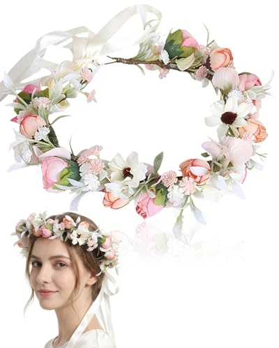 GONZTEL 1 Stück Blumenkranz Haare, Braut Haar Garland, Haarkranz Kommunion, Haarkranz Rose Haarreif Haarband Blumen für Hochzeit Zeremonie Festival Party Strand