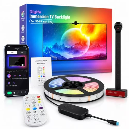 Diyife Tira LED Retroiluminación para TV 50-60 Pulgadas, Sensores AR-4M | Control de App, iluminación ambiental, para juegos, entretenimiento y sala de estar