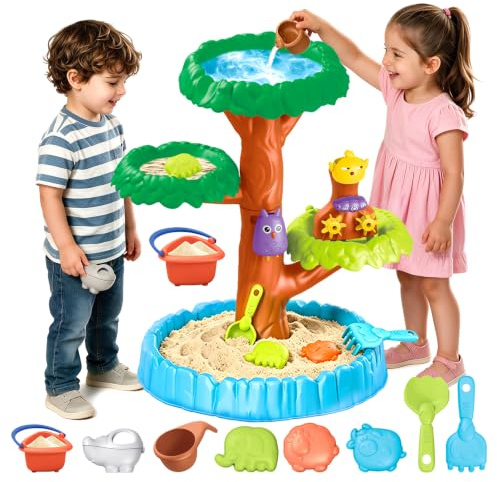KUKUTrue® Sand- und Wasserspieltisch, Wasserspielzeug Kinder Outdoor, 4-Ebenen Baumförmiger, Spieltisch ab 3 Jahre, Wassertisch Kinder Outdoor, Geschenk 3–8 Junge Mädchen