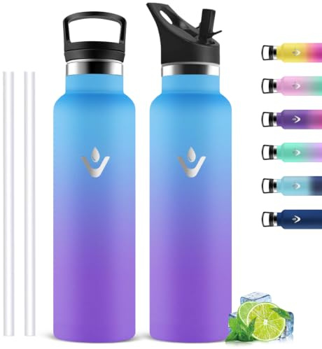 Botella Agua Acero Inoxidable sin BPA, Botella Termica 1 litro, con 2 Tapones, Botellas Agua Gimnasio, A Prueba de Fugas, Cantimplora Termica con Pajita para Colegio, Escuela, Cámping