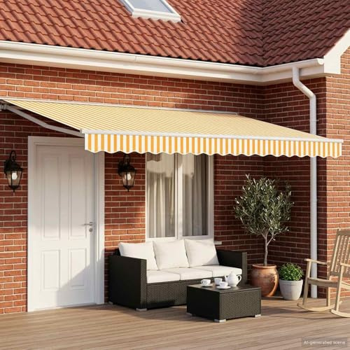Kaloriko Toldo Eléctrico Extensible Amarillo y Blanco 5x3 Metros Impermeable Protección UV de Aluminio y Poliéster Resistente para Balcón, Terraza y Jardín