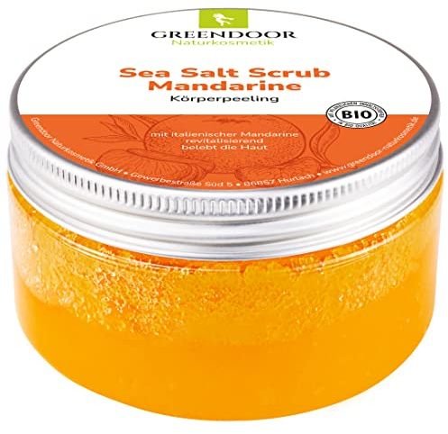 GREENDOOR Körperpeeling Meersalz Mandarine 280g natürliches Peeling ohne Mikroplastik, Duschpeeling ohne Konservierung, mit BIO Jojobaöl, Naturkosmetik Body Scrub, Natur Sauna-Salz