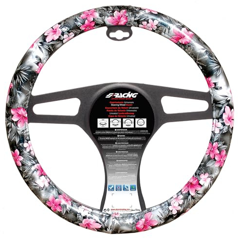 Simoni Racing CVT/36 Lenkradbezug, Blumen, Schwarz | Schwarz Ökoleder/Rosa