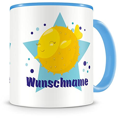 Samunshi® Kindertasse mit Namen Tasse Lustiger Kugelfisch Personalisierte Tasse mit Namen Kinder Kinderbecher personalisierter Text Namenstasse Kindergarten blau 300ml