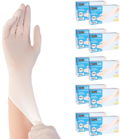 1000x Hygostar Einweghandschuhe Safe Super Stretch, Einmalhandschuhe Größe M, reißfeste Nitrilhandschuhe, puderfrei, latexfreie Gummihandschuhe, Handschuhe Einweg, Weiß in XS, S, M, L, & XL
