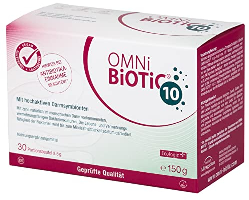 OMNi BiOTiC 10 | Antibiotikum? Darmflora ergänzen | Empfehlenswert ab dem ersten Tg einer Antibiotika-Therapie | Pulver | Zur täglichen Anwendung | Mit Inulin | Vegan | Glutenfrei | 30 Portionen