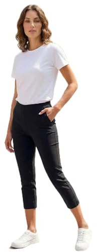 Roman Cropped Trousers for Women UK Ladies Capri Leggings Summer Pants Short Crop Stretch 3/4 Length Three Quarter Pedal Pusher Clothes Elasticated Bengaline Cut Off - Black - Size 12