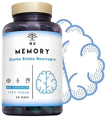 Nootropics Cognitive Enhancer Brain Booster. Coffee, Ginko Biloba, Bacopa, Vitamins. Nootropic Supplement for Mental Performance, Focus Better Mood UK Vegan Certified 60 Capsules N2 Natural Nutrition