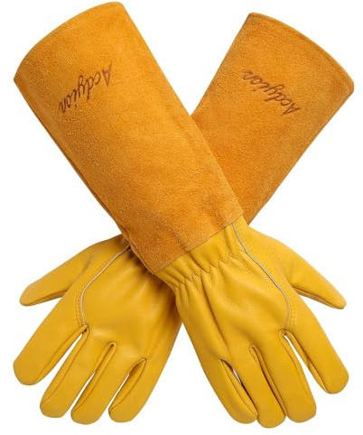 Acdyion Gartenhandschuhe für Frauen/Herren Rose Beschneiden Dorn und Schnittbeweis Langer Unterarm Schutz Handschuh, Durable Dick Rindsleder Leder Arbeitsgartenhandschuhe (groß, gelb)
