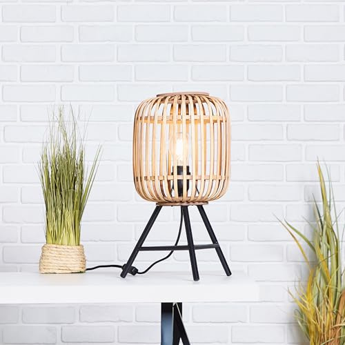 Lightbox Tischlampe - dekorative Tischleuchte im Nature-Style mit Schalter | dekorative Tischlampe - Tischleuchte im Nature-Style mit Schalter - Metall/Rattan Hellbraun - 41cm Höhe