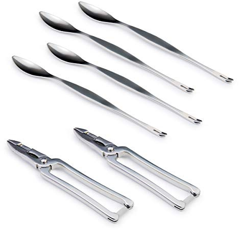 PracticDomus Set Profesional de 2 Tenazas y 4 Tenedores para Mariscos 3 Claveles. Acero Inoxidable Forjado AISI 410