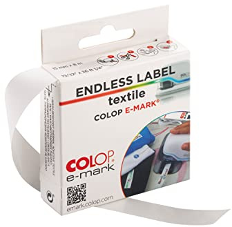 COLOP Textiletiketten, zum Aufbügeln, Endlosetikett 14 mm x 8 m Rolle, stark haftend und langlebig, geeignet für alle e-mark Drucker