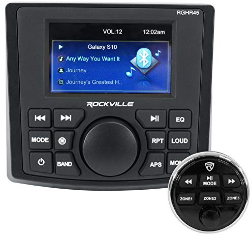 Rockville RGHR45 - Receptor de Orificio de Calibre Marino de 4 Zonas, Bluetooth, Radio, Control Remoto con Cable