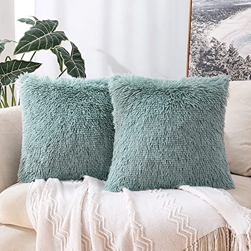 MIULEE 2er Set Kissenbezüge Künstlich Pelz Sofakissen Dekorative Dekokissen Kuschelkissen Plüschkissen Kuschelig Couchkissen Superweich Kissen Flauschig Kissenbezug für Sofa 40x40 cm Wasser Blau
