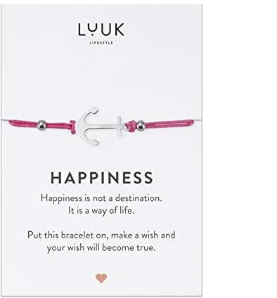 LUUK LIFESTYLE Bracciale con ciondolo ancora in acciaio inox, 24cm, portafortuna, biglietto HAPPINESS, amicizia, ottimo regalo per lei, argento