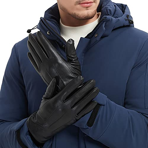 NOVBJECT Mens Leather Driving Gloves Full Touchscreen Winter Warm Gloves Fleece Lining, Black, L