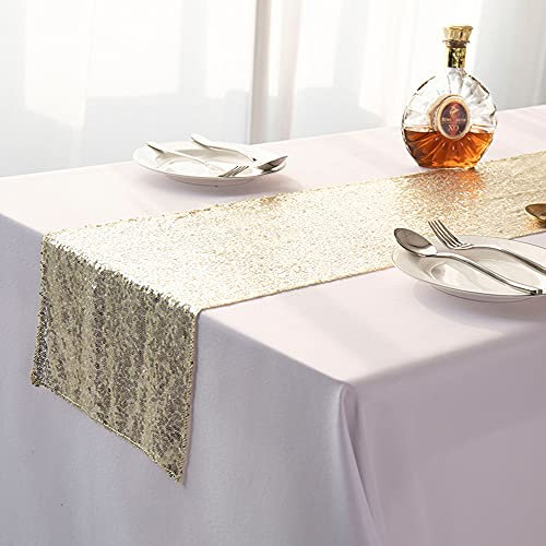 Glitzernder Tischläufer mit runden Pailletten, Tischläufer, Tischdecke für Hochzeit, Weihnachten, Bankett, Party, Esszimmer, Kaffeetisch, Dekoration, 35 x 275 cm, Beige