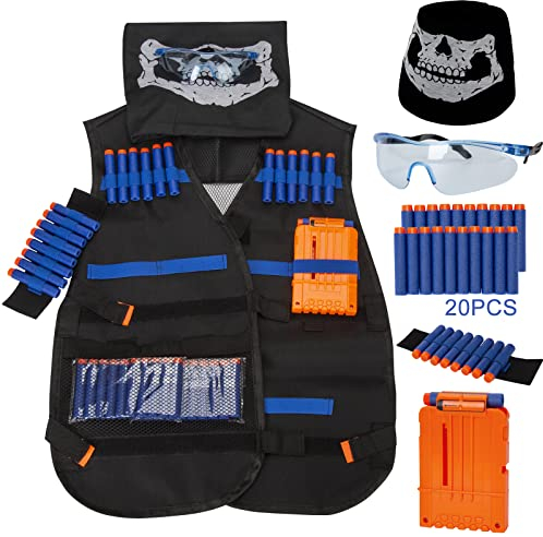 Taktische Weste Jacke Set Kinder für Nerf Guns N-Strike Elite Serie, Dschungel Tarnung Taktisch Vest Battle Weste Zubehör Kit mit 20 er Darts, Nachlade-Clips, Masken, Hand-Armband und Schutzbrille