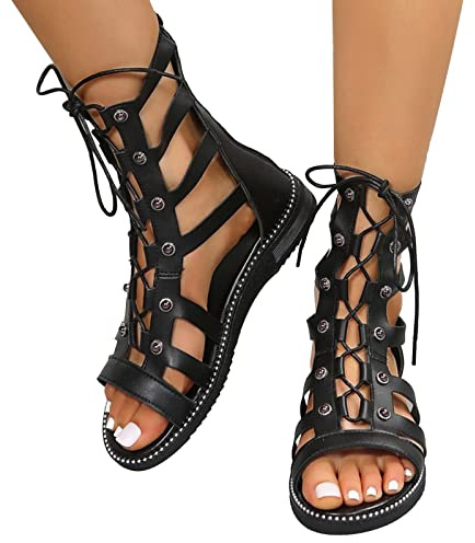 Onsoyours Sandali Donna Moda Gladiator Romani con Cinturino Casual al Ginocchio Stivali Alti Eleganti Estivi Spiaggia Sandals Beach Scarpe B Nero 38 EU