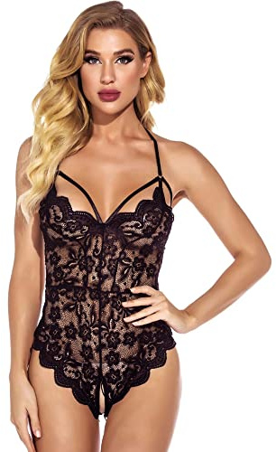 KOEMCY Lencería Mujer Sexy Body de Encaje Lenceria Cuello V Conjunto de Lencería Babydoll Lencería Encaje Transparente Body Lencería Una Pieza Ropa Interior (Negro, XL)