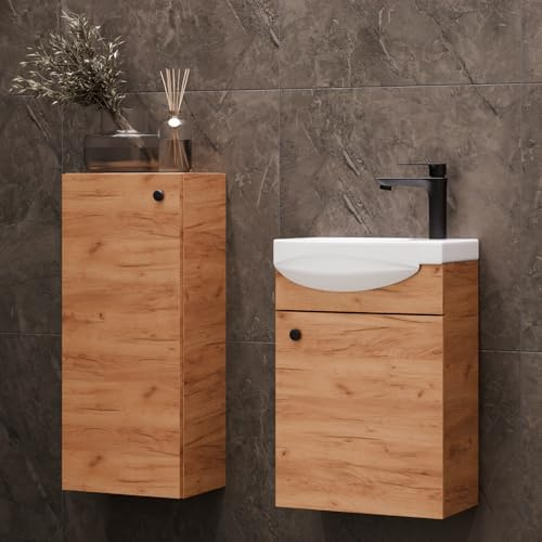 Planetmöbel Badmöbel Set Waschtisch mit Unterschrank | 40 x 60 x 29 cm, Midischrank 32 x 75 x 23 cm für Badezimmer, Gäste WC & Bad, Gold Eiche