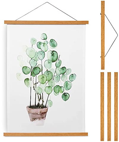 Caffney Wood Poster Frame 4Pcs Magnetic Poster Hanging Rod Simple Teak Wood Photo Hangers Kit with Hanging Rope for Photos Canvas Prints Artwork Home Dorm Interior Decor(dark/31cm)