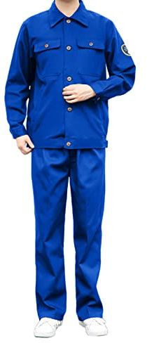 Momooda Unisex 100% Cotton Frame Retardant Top Pants Set, Long Sleeve Work Uniforms Jackets, Protective Work Insulated Trousers, Royal Blue, L