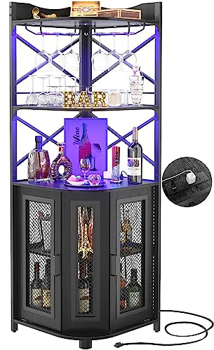 Aheaplus Corner Bar Cabinet with Power Outlet, Industrial Wine Cabinet with LED Strip and Glass Holder, 5-Tiers Liquor Cabinets Bar Unit for Home, Corner Display Cabinets for Small Space, Black