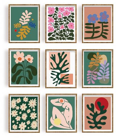 FREEBLOSS 9 Ensemble Tableau Mural Décor Impression Toile Vert Botanique Abstrait Floral Toile Affiche sans Cadre Mur Art pour Salon pour Chambre Décor