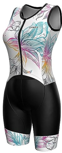 Sparx Women's Triathlon Suit One Piece Sleeveless Full Zipper Tri Suit Quick Drying Running Swimming Cycling (White Floral, Large)