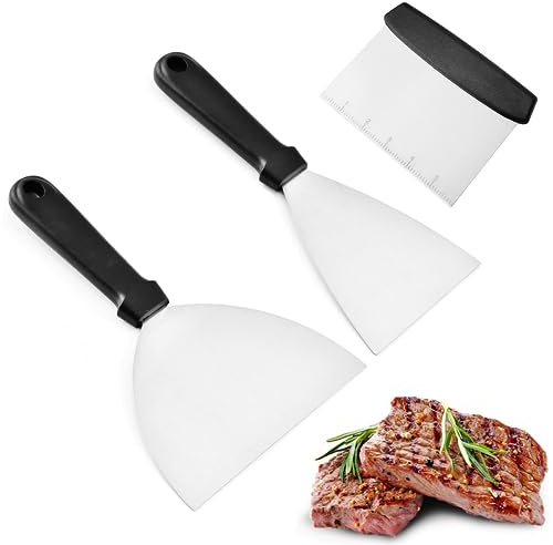 Cucchiaio da Barbecue con Spatola Rettangolare in Acciaio inox, Con Manico Resistente al Calore, per Sollevare e Girare Hamburger, Uova, Bistecche, Ideale per Barbecue e Piastra Piatta(3 PCS)