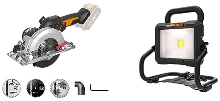 WORX NITRO WX531.9 Akku Kreissäge 20V – Leistungsstarke Bürstenlose Kreissäge & WX026.9 NITRO LED Akku Arbeitsleuchte 20V – 360 Grad schwenkbarer Baustrahler
