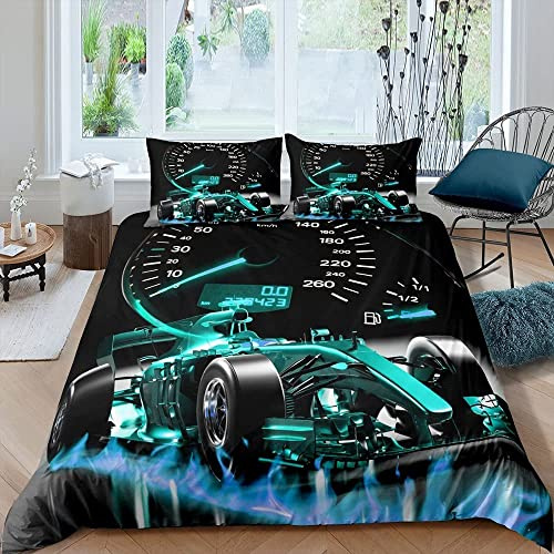 Homemissing Ensemble de Literie de Voiture de Sport Enfants Formula Racing Housse de Couette 220x240cm Garçons Filles Sports Extrêmes Parure de Lit Cool Speed Bleu Vert Housse de Couette