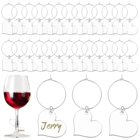 AHANDMAKER 60 Stück Weinglas-Charms, Transparentes Acryl, Herz-Getränkemarkierungen, Glasring Mit Messingreifen, Party-Dekorationen Für Verkostungen, Party-Glas-Identifikationsdekoration