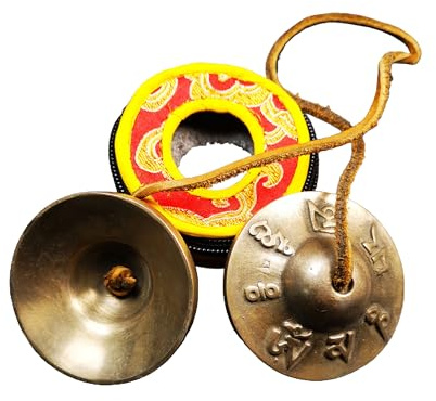 Gandhanra Ensemble de clochettes tibétaines Tingsha – Cymbales tibétaines – Fabriqué en laiton, motif OM Mani Padme Hum, 6,5 cm / 2,6 pouces