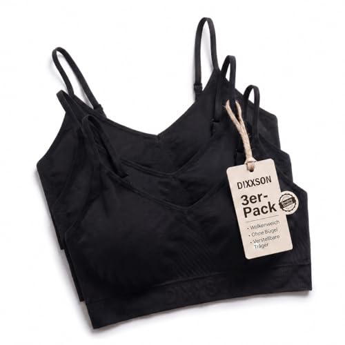 DIXXSON Damen BH ohne Bügel – 3er Pack – Bralette gepolstert mit herausnehmbaren Cups, verstellbare Träger, Bustier aus Nylon, Komfort BH für Alltag, in Schwarz/Blaugrau/Koralle Gr. XS - XL