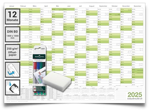 Kalenderoutlet DIN B0 Wandkalender 2025 feucht abwischbar in der XXL Größe Jahresplaner 140x100cm groß inklusive 4 Markern und Schwamm. Jahreskalender, Kalender 2025 in deutsch
