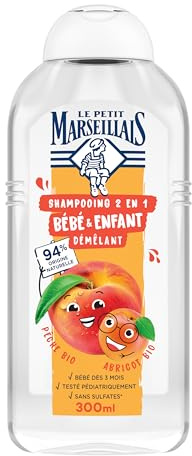 Le Petit Marseillais | 2 i 1 schampo för spädbarn och barn som upptäcker ekologisk persika och ekologisk aprikos (300 ml) - 94% naturligt ursprung - svider inte ögonen, silikon- och sulfatfri och