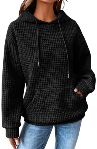 Zeagoo huvtröja dam oversize huvtröja casual våffeltröja långärmad tröja vinter huvtröja topp med ficka S–XXL, svart, M
