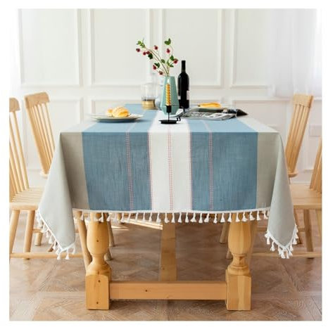 Epinki 140x240CM Tischwäsche, Tischdecke Streifen mit Quaste Baumwolle Leinen, Tischdecke Biertisch Abwaschbar Mitteldecke für das ganze Jahr, Blau