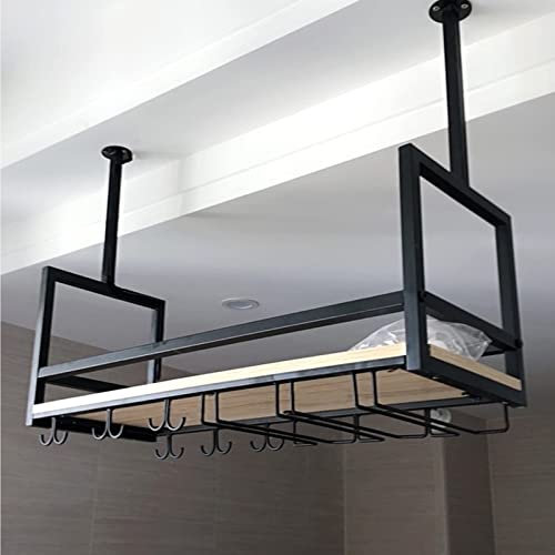 Portabicchieri da vino da appendere con ripiano in ferro battuto nero sospeso a soffitto e mensola da parete per bar, cucina, pub, 60 x 30 x 20 cm