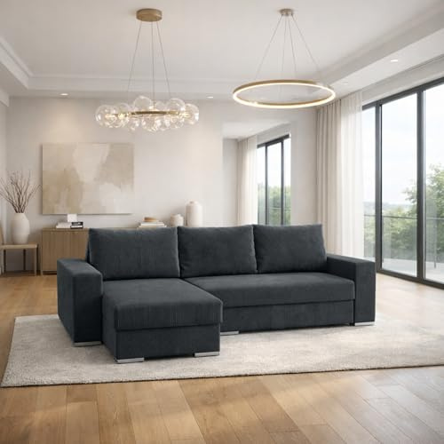 KP-Meble - Ecksofa mit Schlaffunktion - Bravia Sofa - Freistehend - Komfort und Stil in Einer minimalistischen Form Automatisch leicht ausklappbar - 235x140x90cm - Cord - Zoom 22 (Graphit)