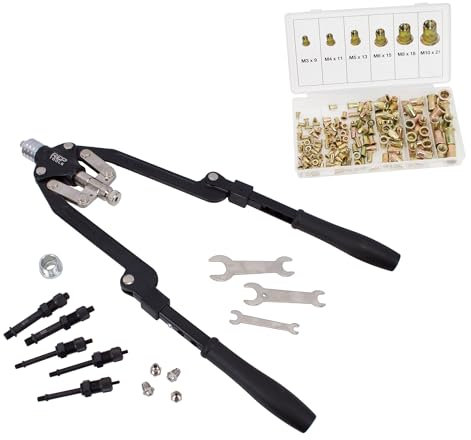 Nietmutternzange Set Langarm mit Stahl Nietmuttern M4 M5 M6 M8 M10 Blindnieten 2 in 1 Hebel Nietzange
