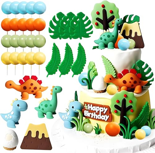 Pack of 37 Dinosaur Cake Decorations, Jungle Cake Decorations, Cupcake Toppers, Dinosaur Happy Birthday Cake Topper for Baby Shower, Dinosaur Theme Accessories