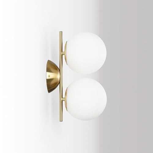 Alpinaluz Aplique de Pared Doble – 2 Globos de Vidrio Opalino Ø150 mm sobre Base Curvada de Acero Dorado – 2 Casquillos E27 – Diseño Elegante y Decorativo para Dormitorio, Salón o Pasillo